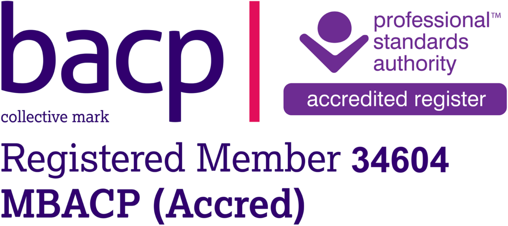 BACP collective mark, text and logo for the Professional Standards Agency accredited register, Registered Member 34604, MBACP (Accred)