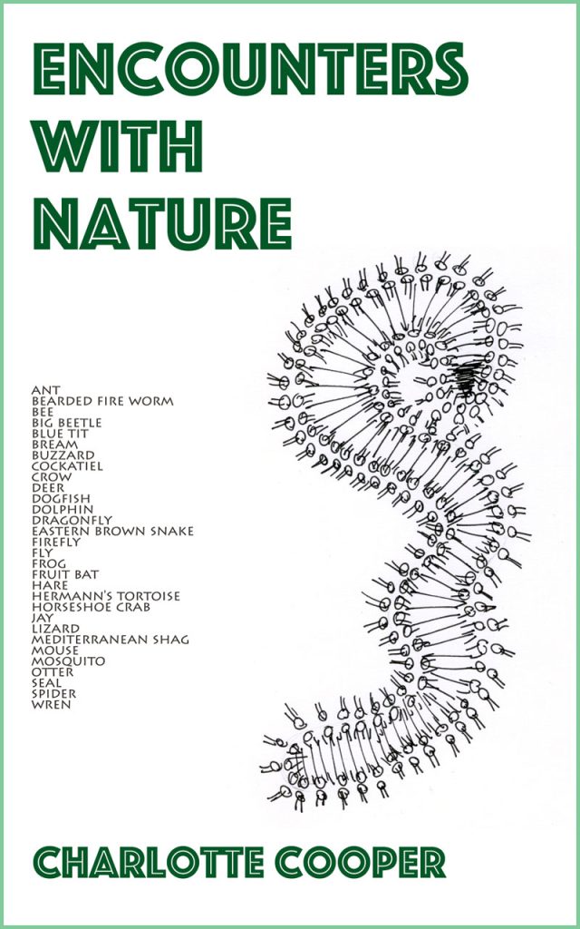 Encounters With Nature cover, drawing of bearded fireworm and list of animals within, green.