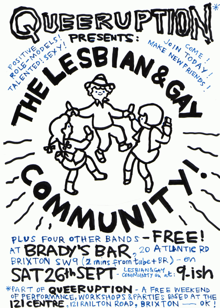 Queeruption poster for the Lesbian and Gay Community's gig in Brixton, three childish figures dance together with lollies, hand drawn, festival and gig details in the text