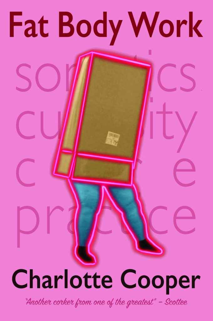 Colourful cover with title, subtitle and author text. Central image of a fat person dancing whilst wearing a large cardboard box over her body, legs sticking out of the bottom, little socks on her feet. Everything has a neon glow. Quote from Scottee: “Another corker form one of the greatest”